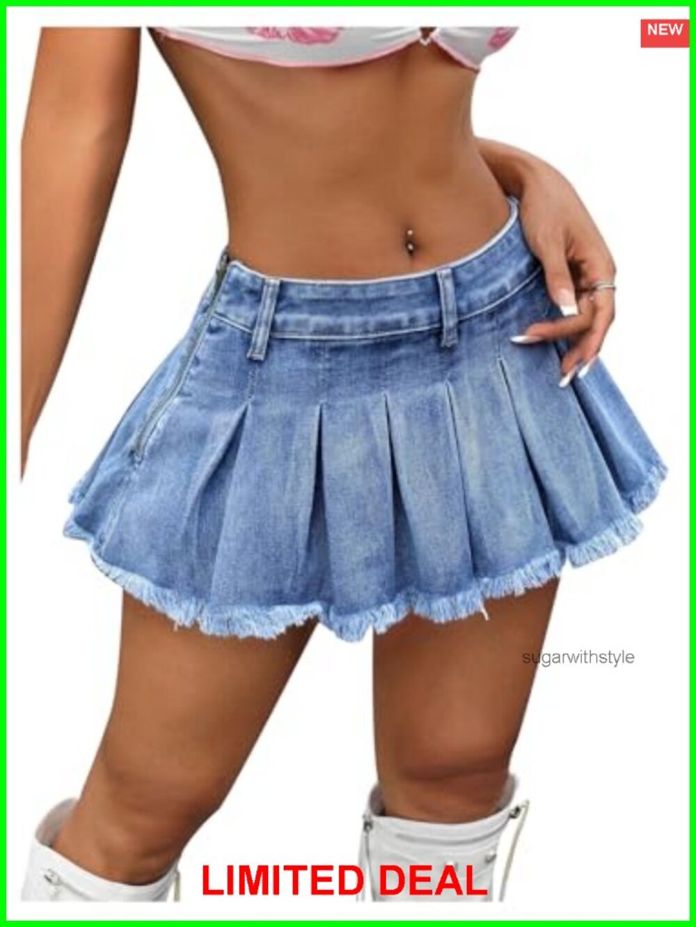 Women's Y2K Low Waist Pleated Denim Mini Skirt Raw Hem Zipper Casual